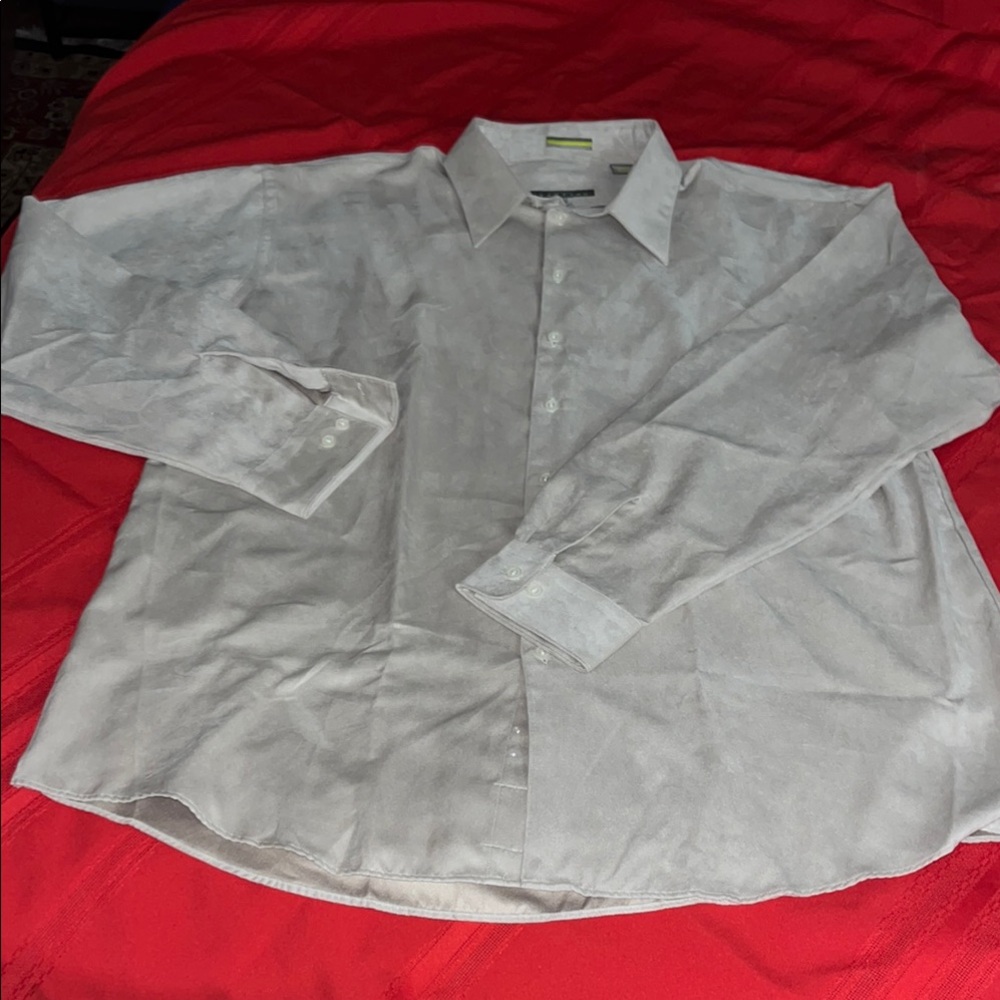 Beige XL Button Up Suede-Like Collar Shirt